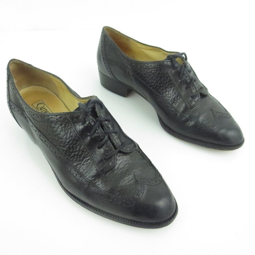 CALDERONE Women's Vintage Wingtip Dress Shoes Black Leather